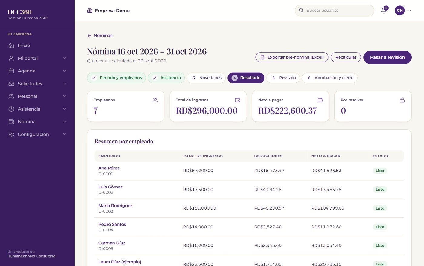 Pantalla de HCC360 con el resultado de una nómina